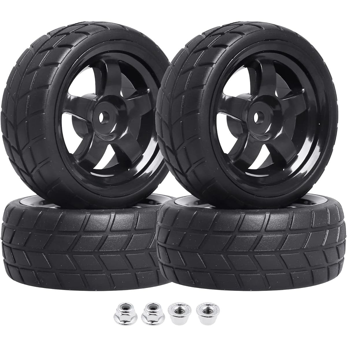FriHobby 12mm Hex Wheel Rims & Rubber Tires with Foam Inserts for RC 1/10 On-Road Touring Car, Set of 4