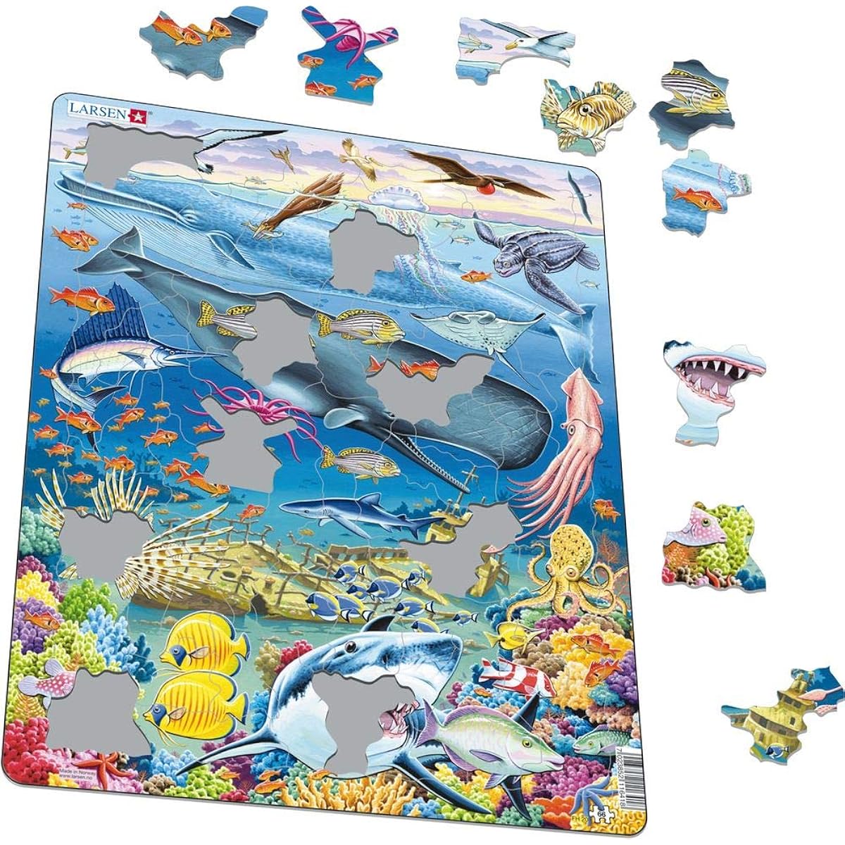 Larsen Puzzles Whale Reef Educational Jigsaw Puzzle - 66 Piece Tray & Frame Style Puzzle - Luxury Premium Handmade Puzzle - Imported from Norway