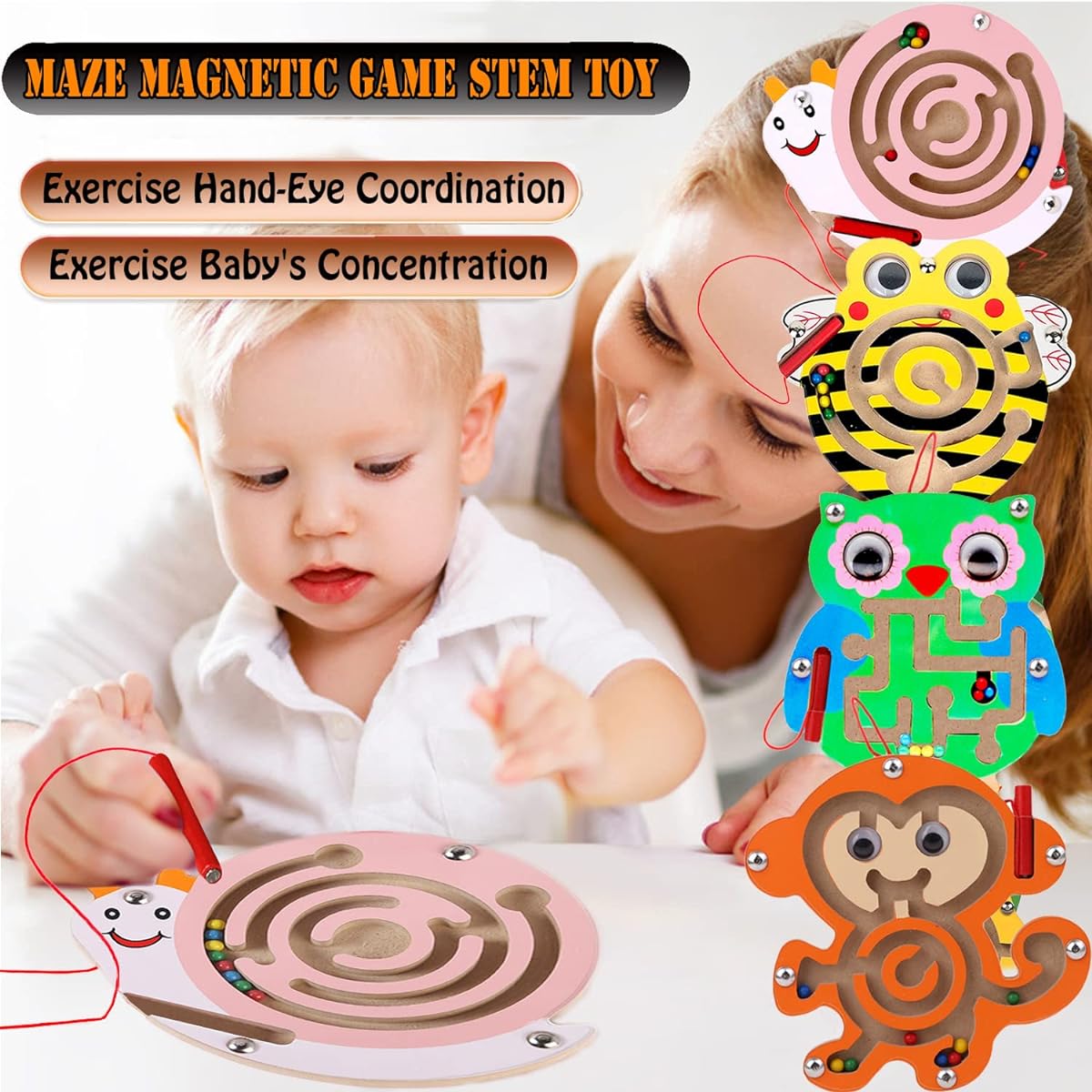 Wooden Maze Toys 4 Pack Maze Puzzle Game Montessori Mazes STEM Activity Puzzle Fine Motor Skills for 3 4 5 6 Year Olds Preschool Animals Birthday Party Favors