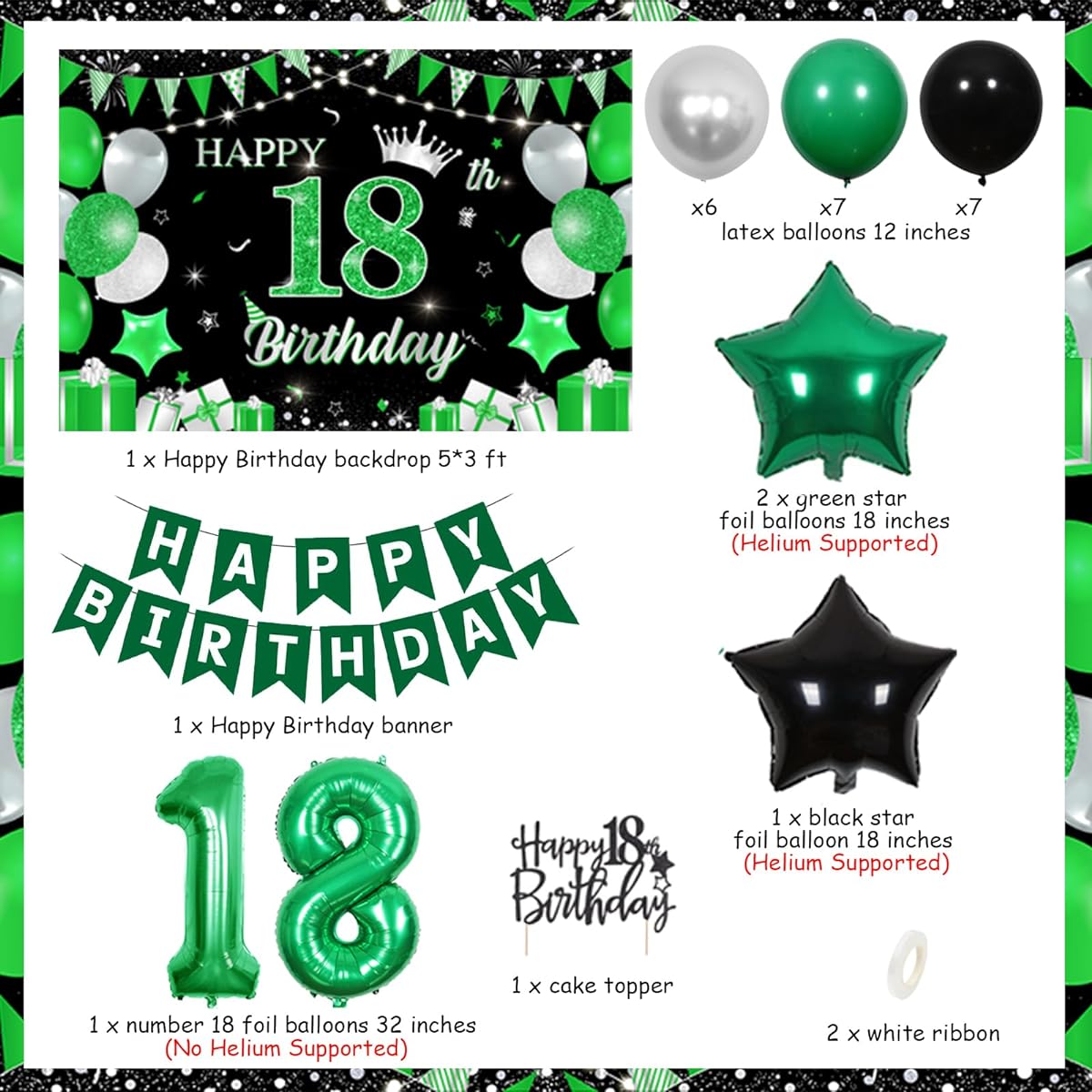 18th Birthday Decorations Green and Black Time to Adult 18th Birthday Decorations Happy 18th Birthday Cake Topper Backdrop Happy Birthday Banner Foil Balloons