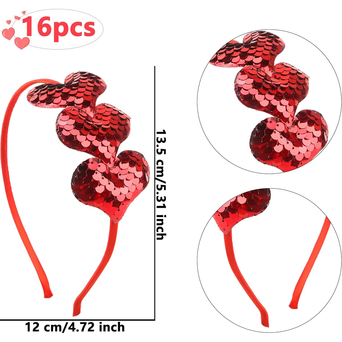 Cotiny 16pcs Heart Headbands Valentine's Day Heart Sequin Hair Hoop Headbands for Kids Adults Valentine's Day Party Supplies