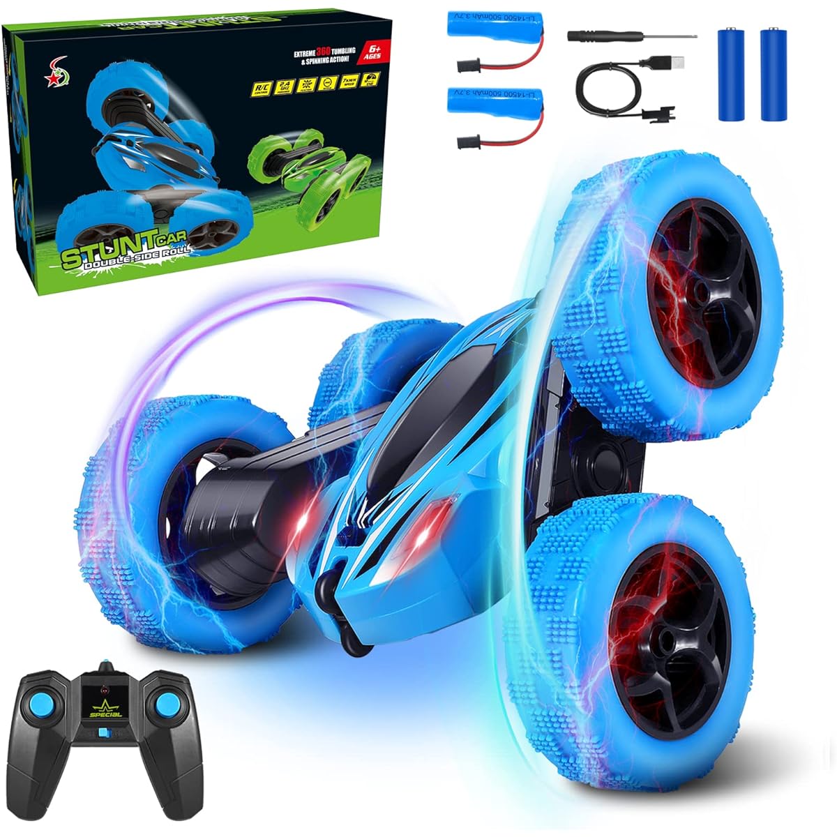 Remote Control Car Drop Resistant Radio Controlled Car for Kids 2.4GHz Double Sided Stunt Car with Headlights 360° Rotation Suitable for All Terrain Remote Control Toy with 2 Rechargeable Batteries