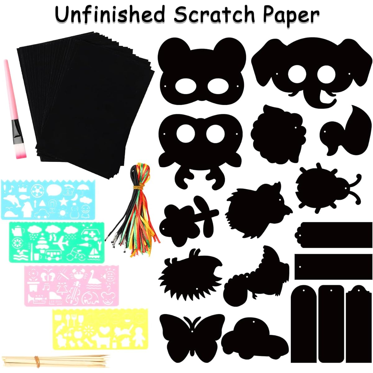 WATINC Scratch Paper Art Set for Kids, Magic Rainbow Colors DIY Art & Craft Kits, Kids Party Favors, Black Scratchboard, Bookmark, Mask Pack, Wooden Stylus, 86 Pieces Birthday Gifts for Boys/Girls