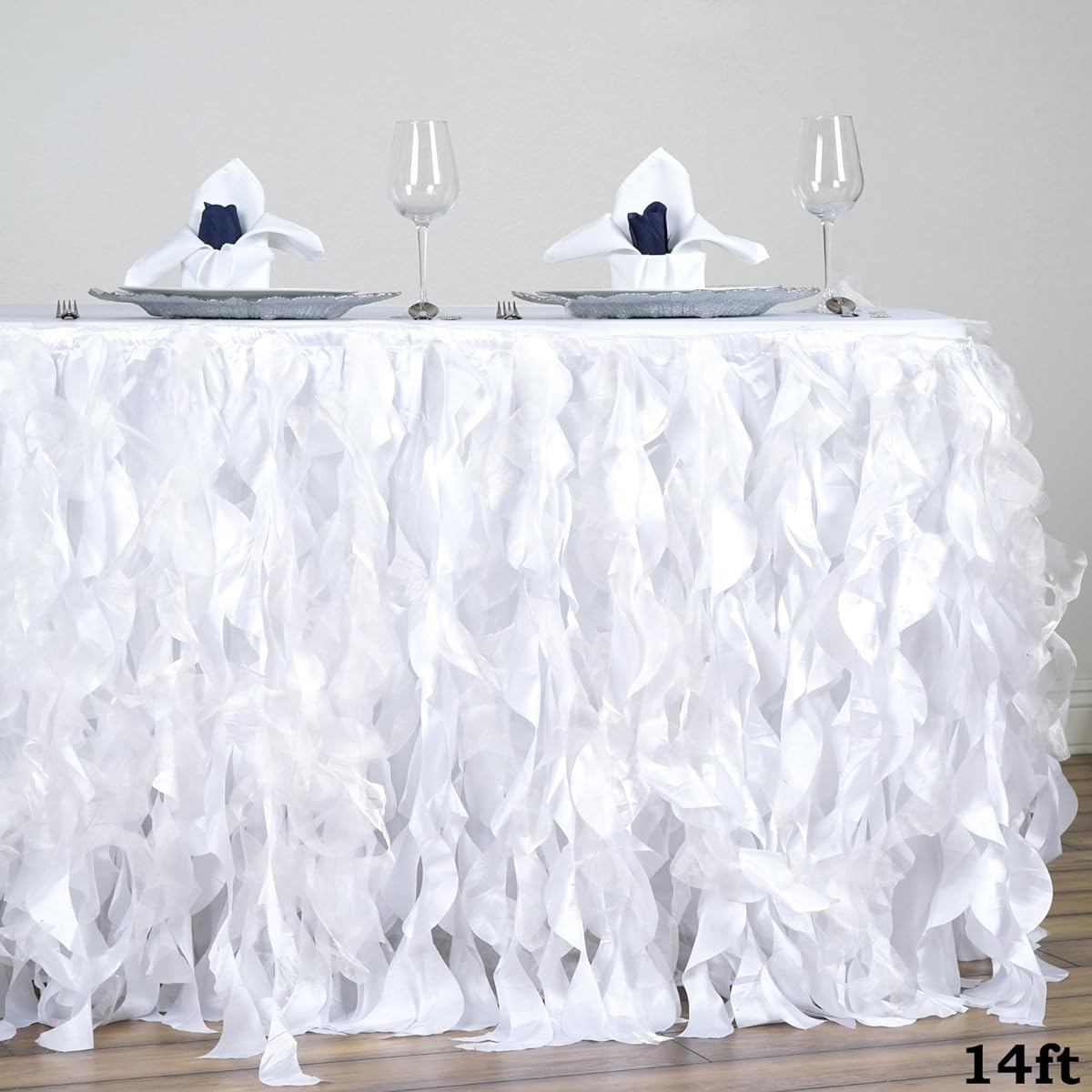TableclothsFactory 14 ft Enchanting Curly Willow Taffeta Table Skirt - White