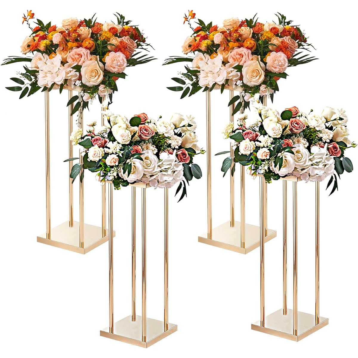 VEVOR Wedding Flower Stands, 4pcs Gold Metal Columns 31.5"/80cm Tall with Metal Laminate, Vase Geometric Centerpiece Stands Cylindrical Floral Display Rack for Event Reception Party Road Lead