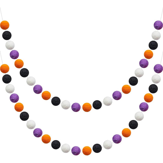 Wool Felt Ball Garland, Fall Pom Pom Garland, Handmade 6.5ft Long 24 Balls Felt Ball Garland for Halloween Thanksgiving Pumpkin Wall Decor (Orange, White, Black, Purple, 2pcs)