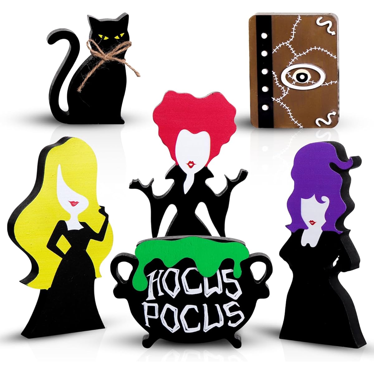 Treory Halloween Tiered Tray Decorations: 6pcs Hocus Pocus Halloween Witch Black Cat Cauldron Spell Book Halloween Decor Wooden Table Sign Set Halloween Decorations Indoor Home Party Supplies Decor