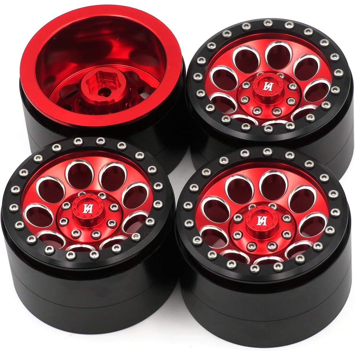 hobbysoul Set of 4 RC Crawler Aluminum 2.2 Beadlock Wheels Rims Hex 12mm Red/Black RC Rock Crawler Mud 2.2 Tires