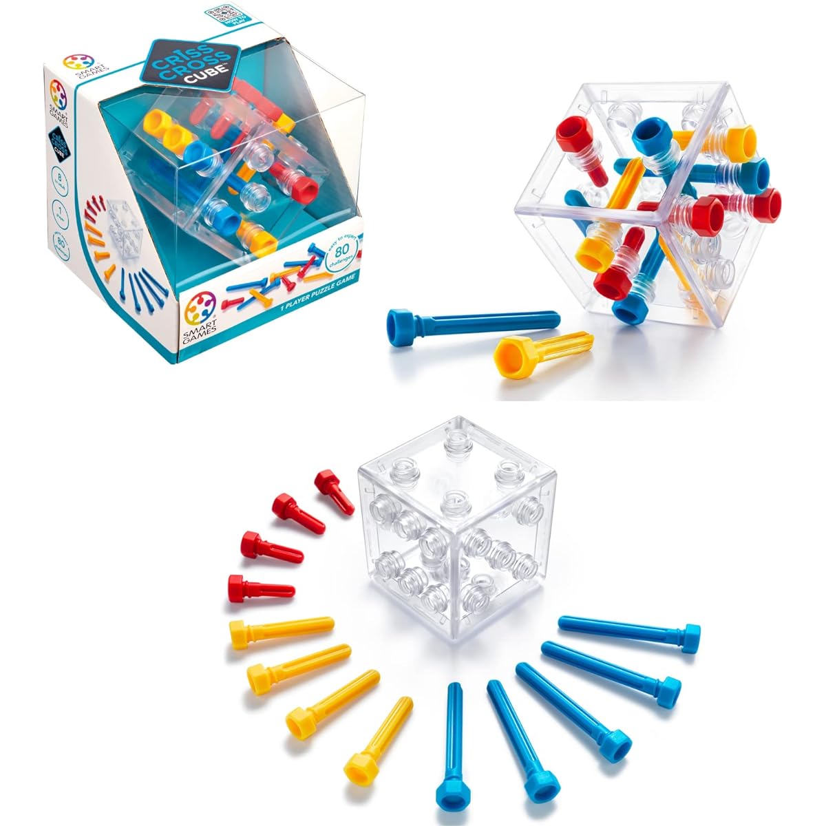 SmartGames Criss Cross Cube 3D Puzzle Game - 80 Challenges to Train Your Brain Ages 8 - Adults