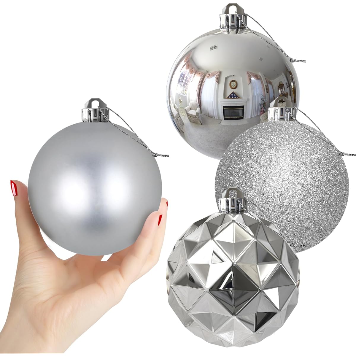 Silver 4" Large Christmas Balls Christmas Tree Decorations Ornaments Shatterproof Hanging Balls for Birthday Valentine's Day Easter Mardi Gras Holiday Wedding Decorations Set of 4