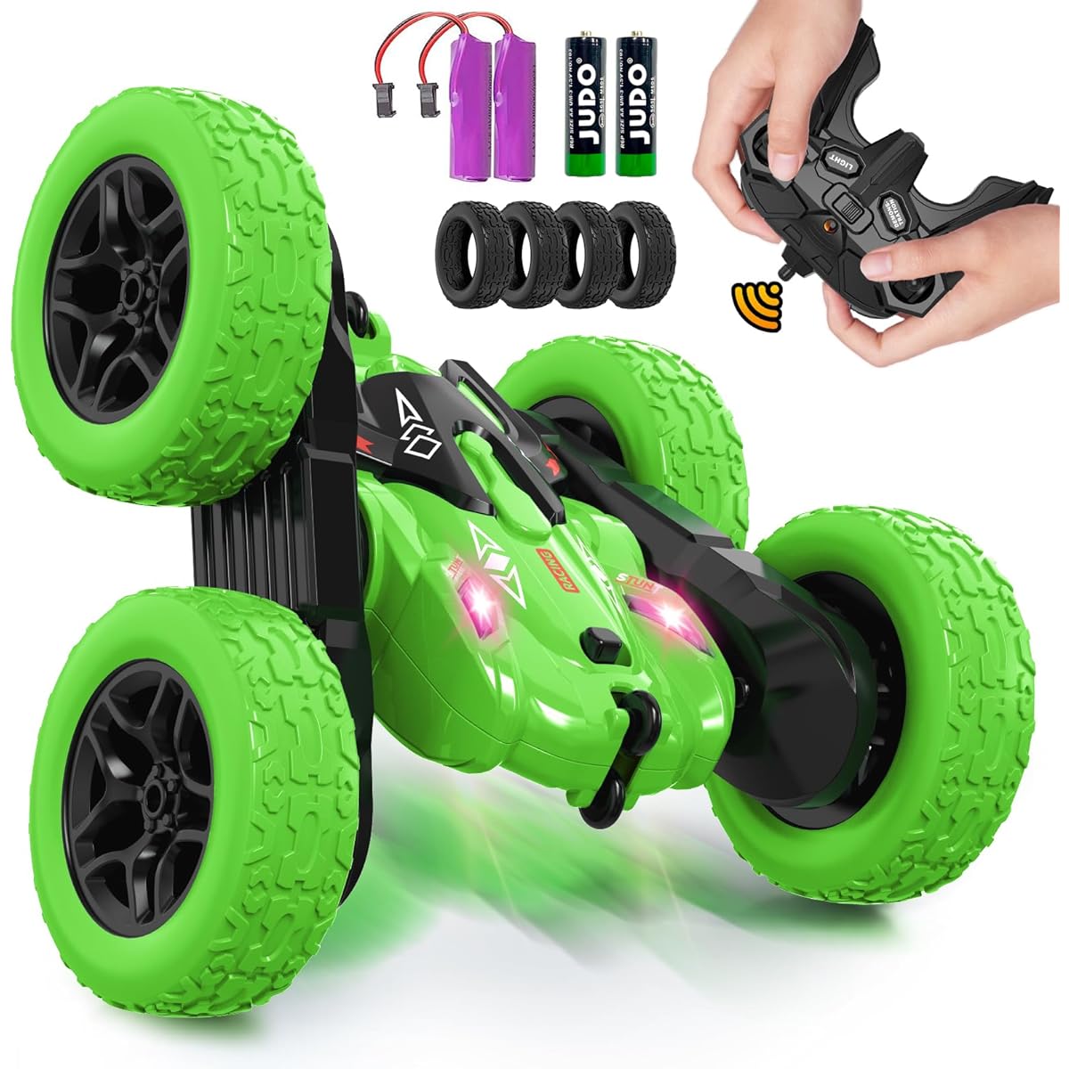 Jimdella Remote Control Car, Radio Controlled Car, Stunt Car Toy, 4WD, 2.4Ghz, Double Sided, 360° Rotation, RC Car with Headlights, Kids, Xmas Toy Car for Boys/Girls (Green)