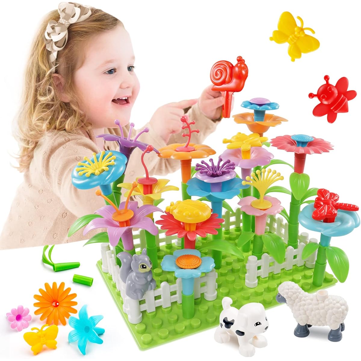 PREPOP Flower Building Toy Set for Toddlers Girls Birthday Gift Fine Motor Skills Toys for Ages 3, 4, 5, 6 STEM Crafts and Creating a Garden with Insects and Animals