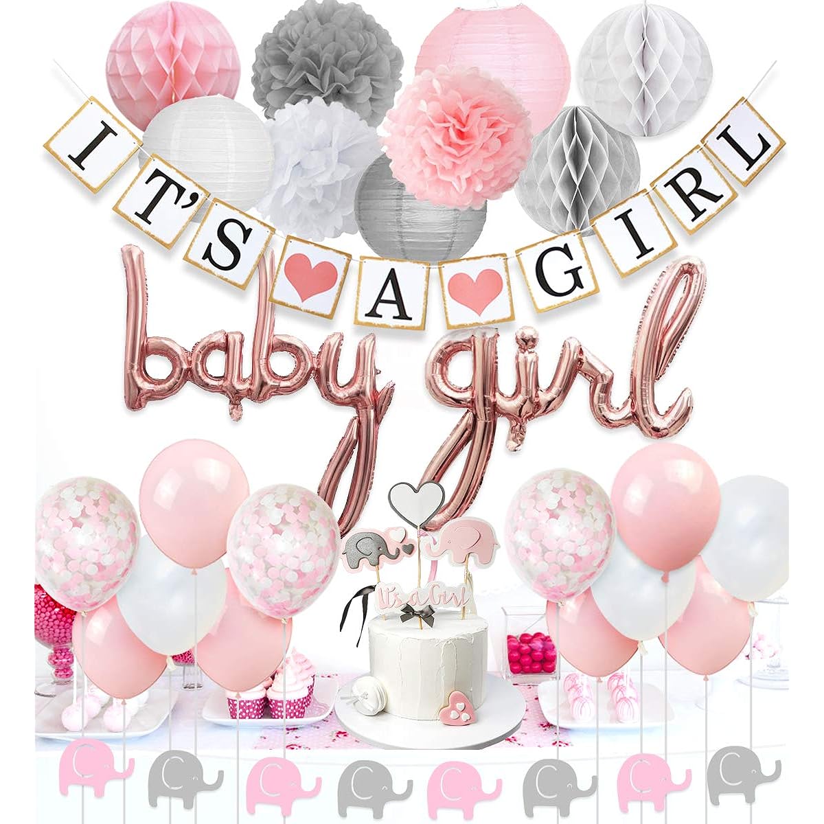 Girl baby shower decorations, girl baby shower, baby girl balloons, elephant garland, honeycomb, paper lanterns, confetti balloons, cake insert card