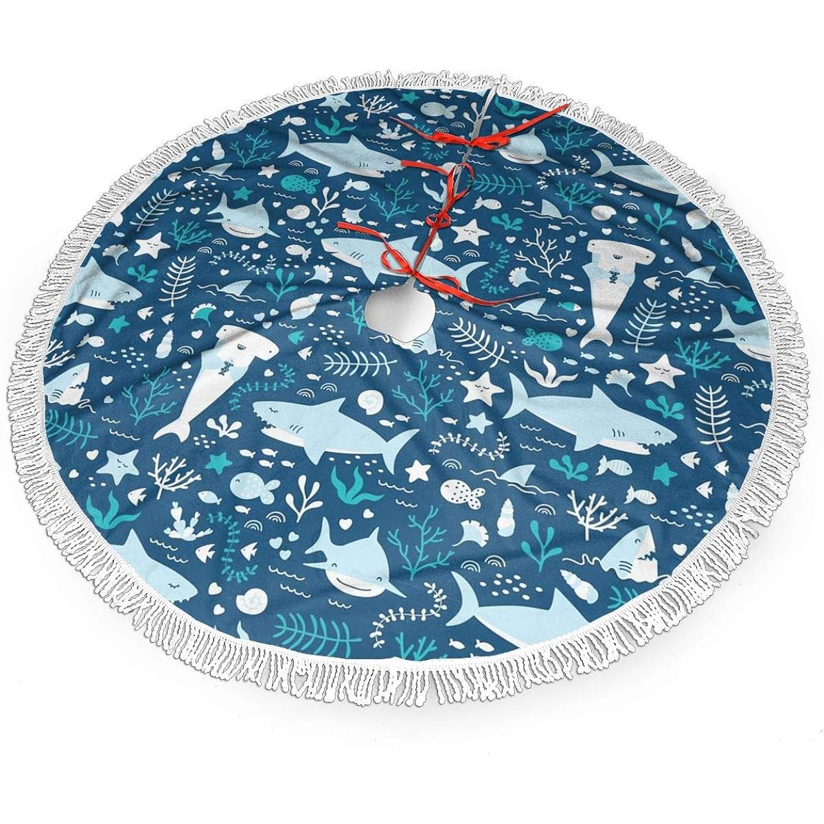 MSGUIDE 48" Christmas Tree Skirt Cartoon Blue Shark with Sea Life Christmas Halloween Tree Decorative Mat Christmas Decorations Christmas Ornaments