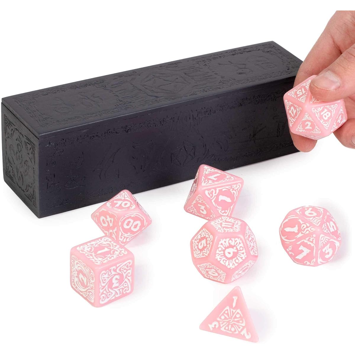 Titan Dice: Calliope - 25mm Giant Polyhedral Dice 7 Piece Set & Carved Wooden Display Box - Pink Color with White Numbers - Tabletop Role Playing Fantasy RPG Game Novelty Accessories