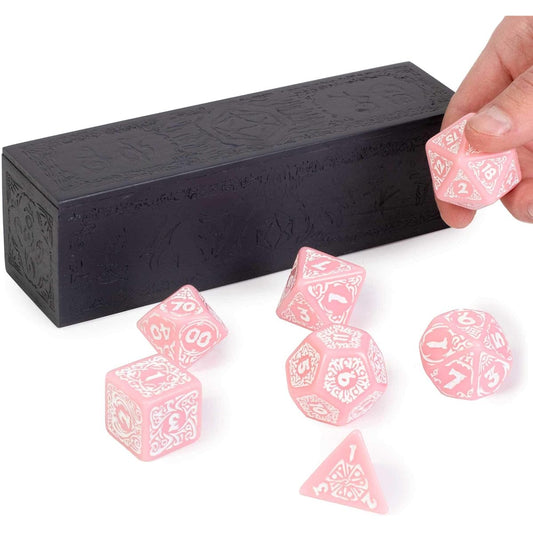Titan Dice: Calliope - 25mm Giant Polyhedral Dice 7 Piece Set & Carved Wooden Display Box - Pink Color with White Numbers - Tabletop Role Playing Fantasy RPG Game Novelty Accessories