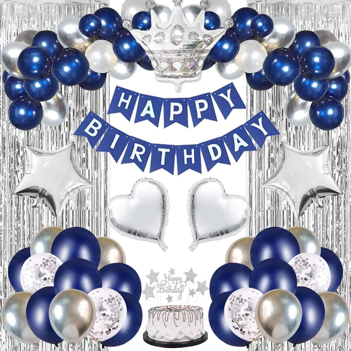 Navy Blue Silver Happy Birthday Party Decorations Set for Men Boys Women Girls Banner Crown Balloons Fringe Curtain Cake Topper 13/16/18/21/25/30/40/50/60/70 Party Supplies