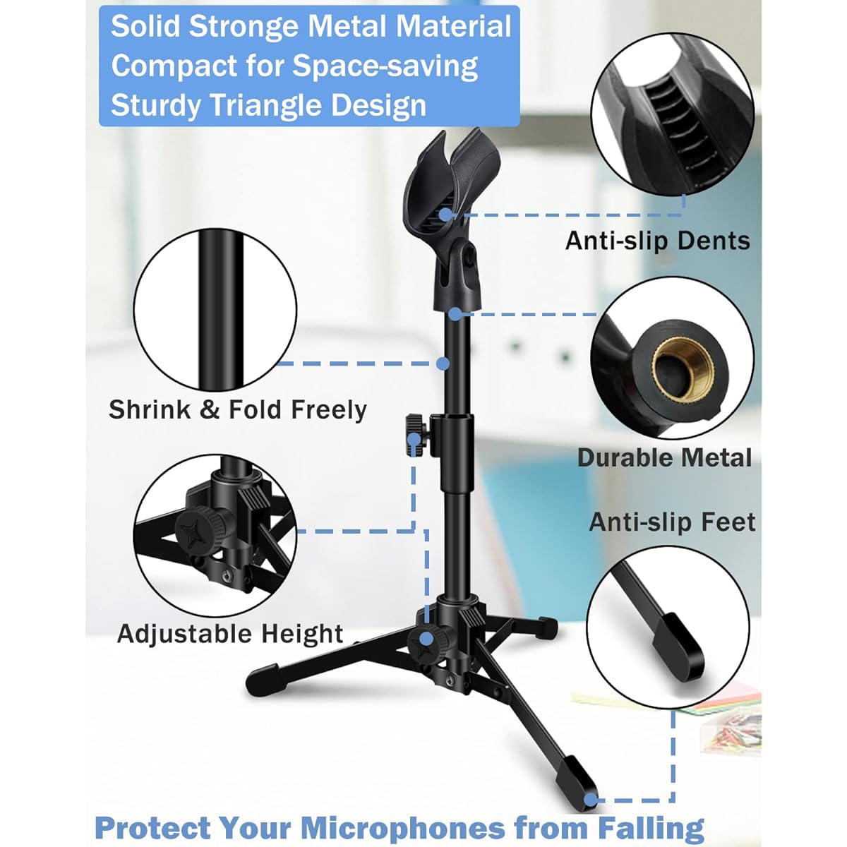 Mictop 2 Pack Desktop Microphone Stand Portable Foldable Tripod with Microphone Clip Holder Adjustable Mic Stand Compatible with Dynamic Microphones like Samsung Q2U Shure SM58 SM57 PGA48 PGA58