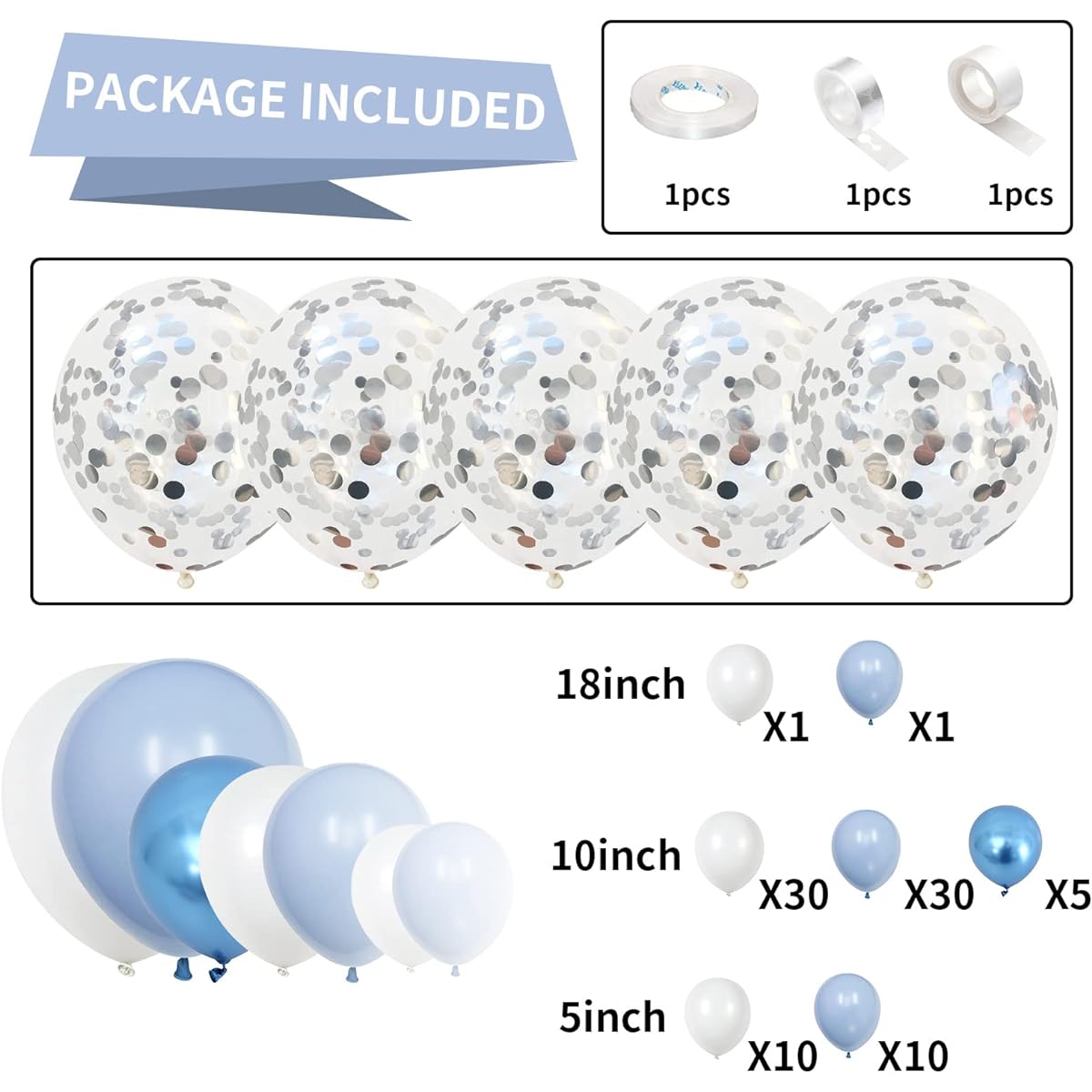Blue Balloon Garland Arch Kit, 95pcs Baby Blue and White Balloon Garland Kit with Metallic Blue Balloons, Silver Confetti Balloons, Macaron Light Blue Balloons for Baby Shower, Birthday, Wedding Decorations