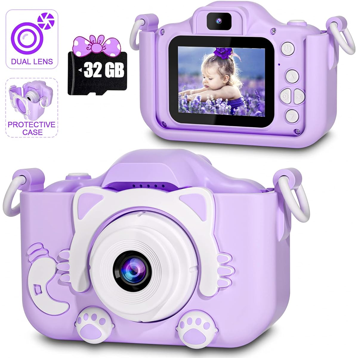 Kids Camera for Girls/Boys 3-9 Years Old Toys for Girls/Boys Christmas Birthday Gifts for 6-9 Years Old Girls/Boys Kids Digital Dual Camera Selfie Camera for Kids 32GB Memory Card (Purple)