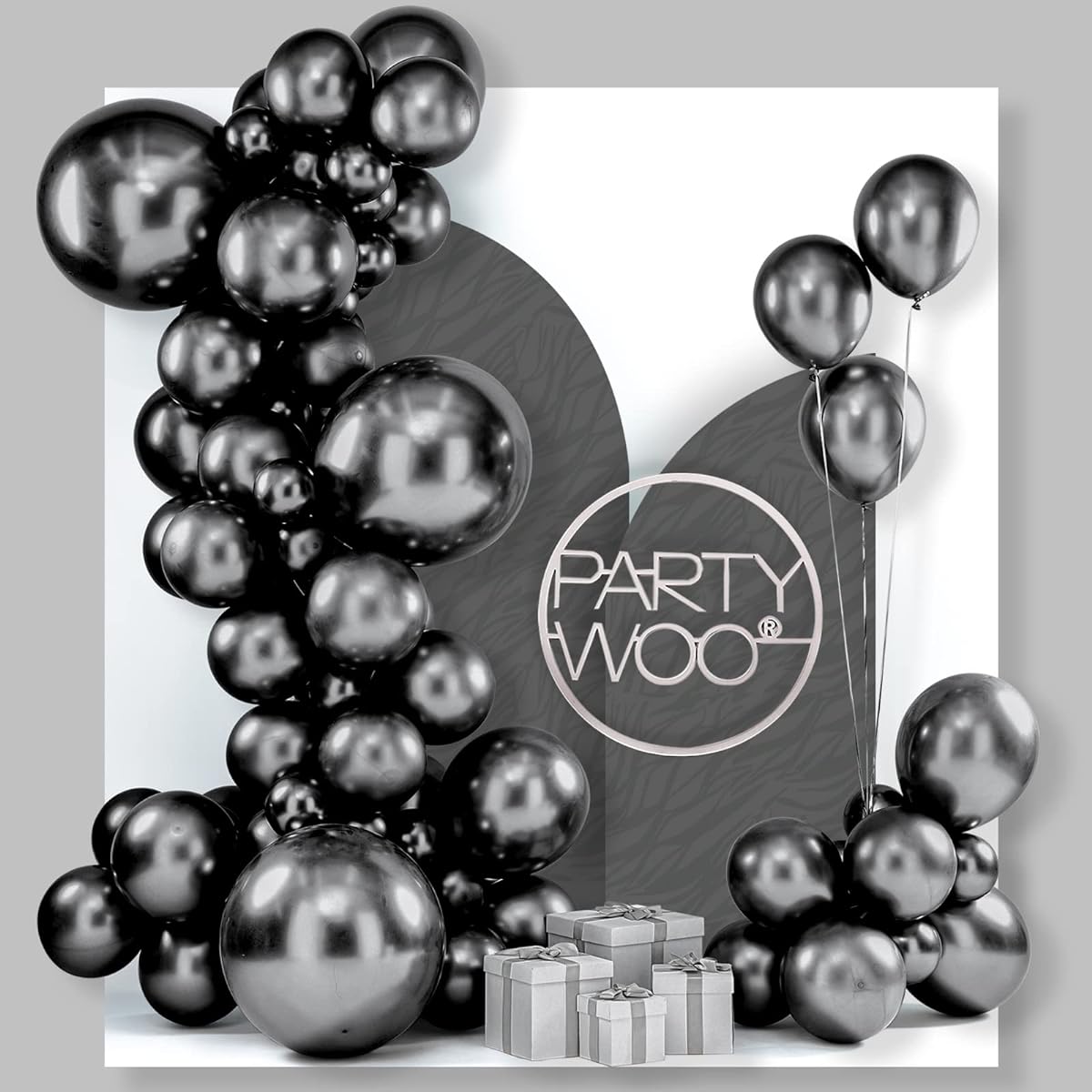 PartyWoo Black Balloon Garland, 100pcs Metallic Black Balloon Garland Kit, 18in, 12in, 10in, 5in Latex Balloons, 20m Ribbon, Black Balloon Arch Kit for Birthday, Retirement, Graduation, Wedding