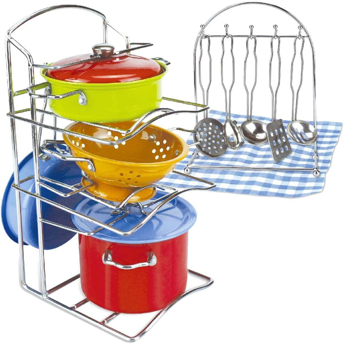 Multicoloured Stainless Steel Metal Pots and Pans Pretend Kitchen Cookware Playset for Kids with Play Utensils and Dish Rack (14 Pieces)