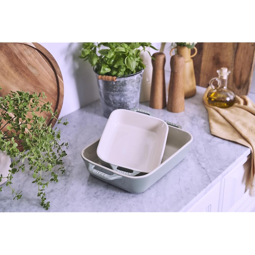staub "Rectangular Dish (20 x 16 cm / 27 x 20 cm) 2 Piece Set Eucalyptus" Ceramic Set Gratin Dish Oven Microwave Safe [Authorized Japanese Product] Ceramic Eucalyptus color Dish Z1022-772