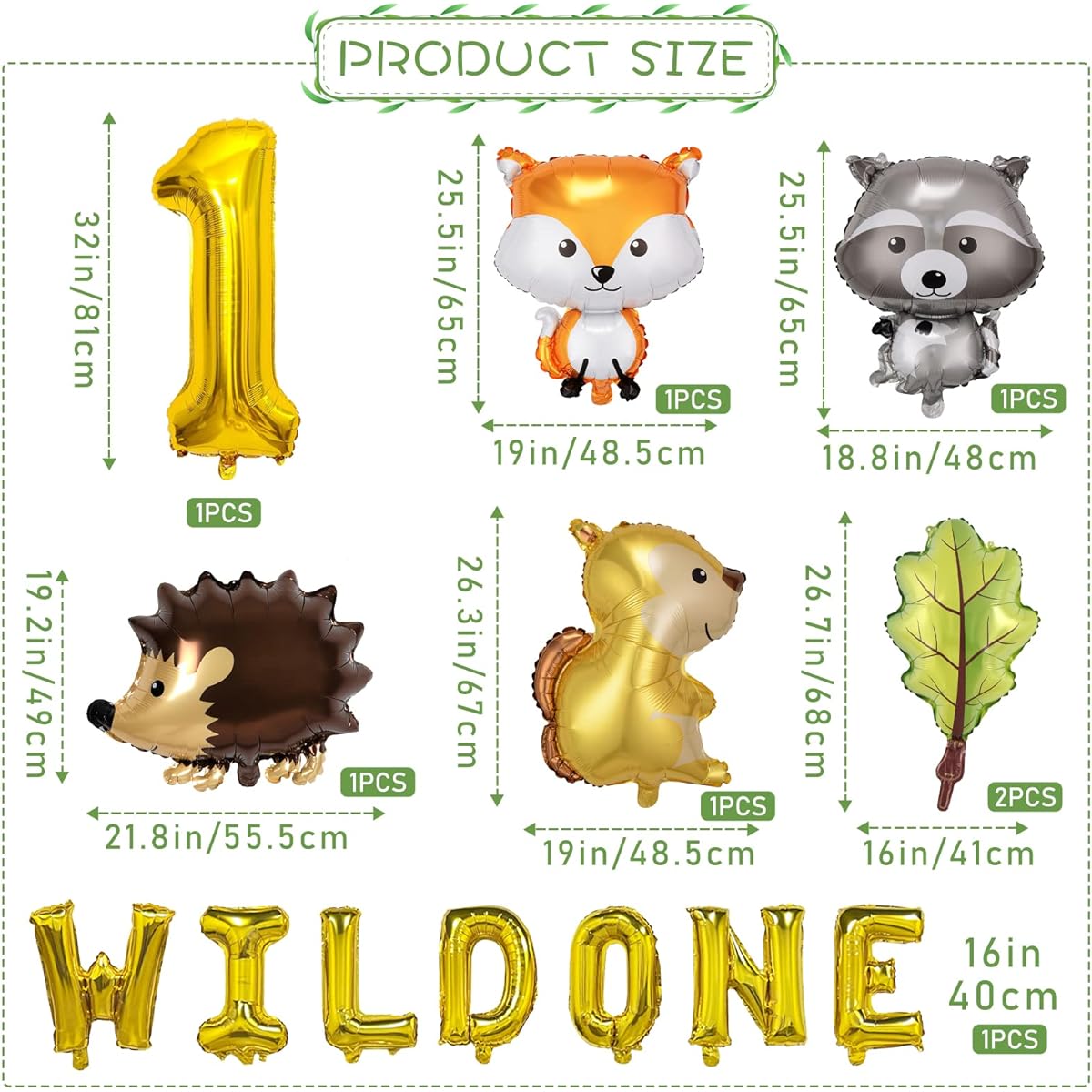14 Woodland Animal Balloons, Woodland Animal Mylar Foil Balloons Birthday Party Decorations, Wild One Balloons, Woodland Animal Themed Party Supplies for 1st Birthday Decorations (1st Year Old)