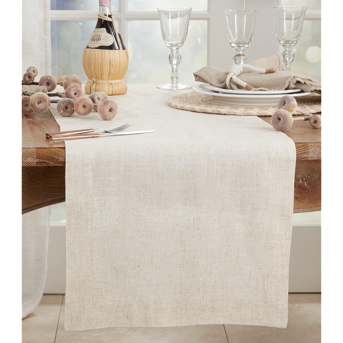 Fennco Styles Solid Linen Blend Table Runner 16" W x 90" L - Natural Plain Table Cover for Home Decor Banquets, Family Gatherings and Special Events