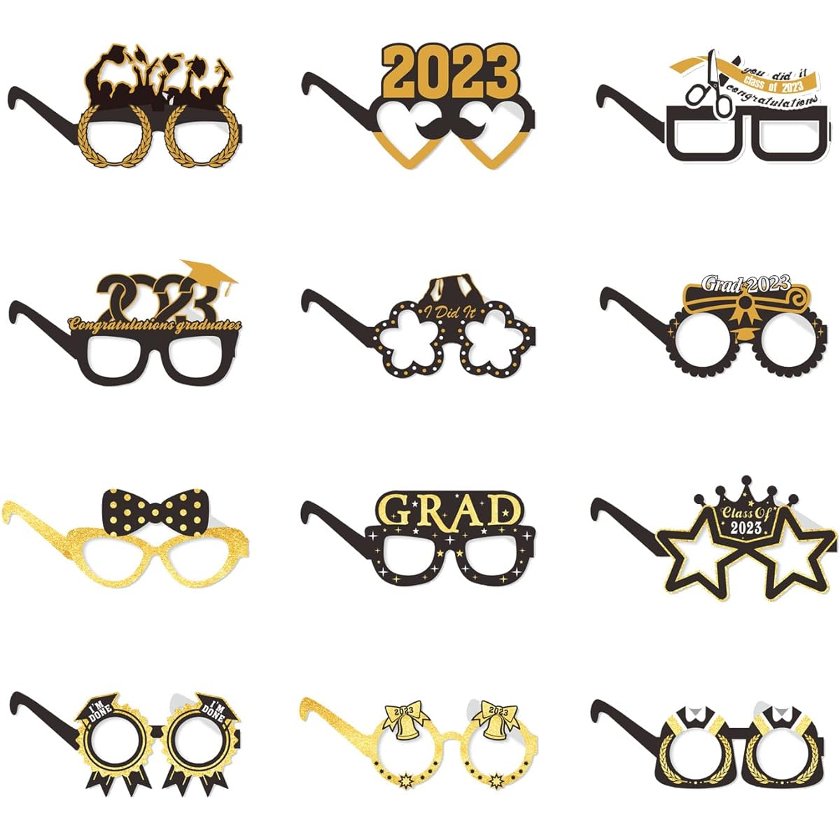 2023 Graduation Party Paper Glasses, 12pcs Graduation Decoration Paper Glasses Black & Gold Congratulations/Graduation Party Favors Glasses Full Set of Paper Glasses (Black & Gold)