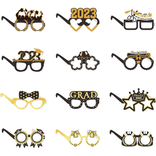 2023 Graduation Party Paper Glasses, 12pcs Graduation Decoration Paper Glasses Black & Gold Congratulations/Graduation Party Favors Glasses Full Set of Paper Glasses (Black & Gold)