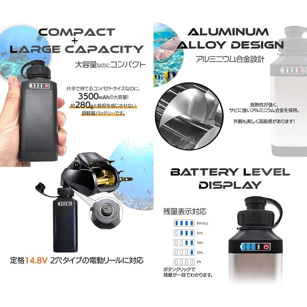 @NSS Daiwa Shimano Electric Reel Compatible BM Battery Level Display Body Holder Charger 3 Piece Set 14.8V 3500mAh Black