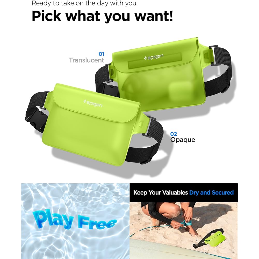 Spigen Waterproof Case, Accessories, Waterproof Pouch, Set of 2, Completely Waterproof, IPX8 Certified, Waterproof Case, Sea, Pool, Outdoor, Smartphone, Triple Chuck, Velcro, PVC, Large Capacity, Waist Pouch, Waterproof Bag, AMP06023 (Cactus Green)