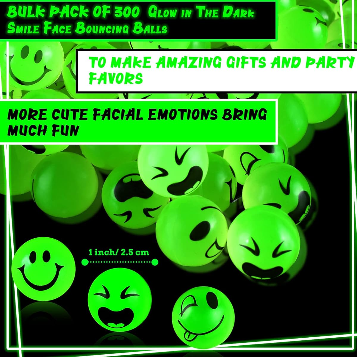 Deekin Glow in the Dark Smile Face Bounce Balls with 3 Facial Styles Mini High Bounce Balls for Kids Teens Glow Up Party Birthday Classroom Favors Gift Bag Fillers 300 Pack