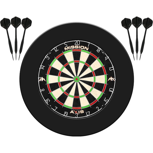 Mission Darts Axis Home Center | Darts and Dartboard Complete Bundle Including Surround and Ocher with 2 Sets of Darts Black (SU082)