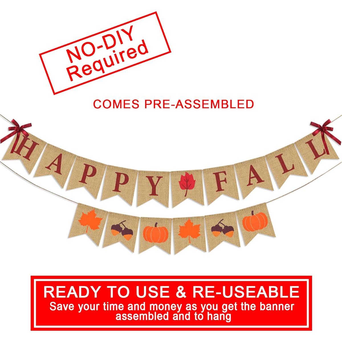 Thanksgiving Fall Decorations Happy Fall Burlap Banner with Fall Pumpkin Maple Leaf Acorn Garland Bunting Mantel Fireplace Decor