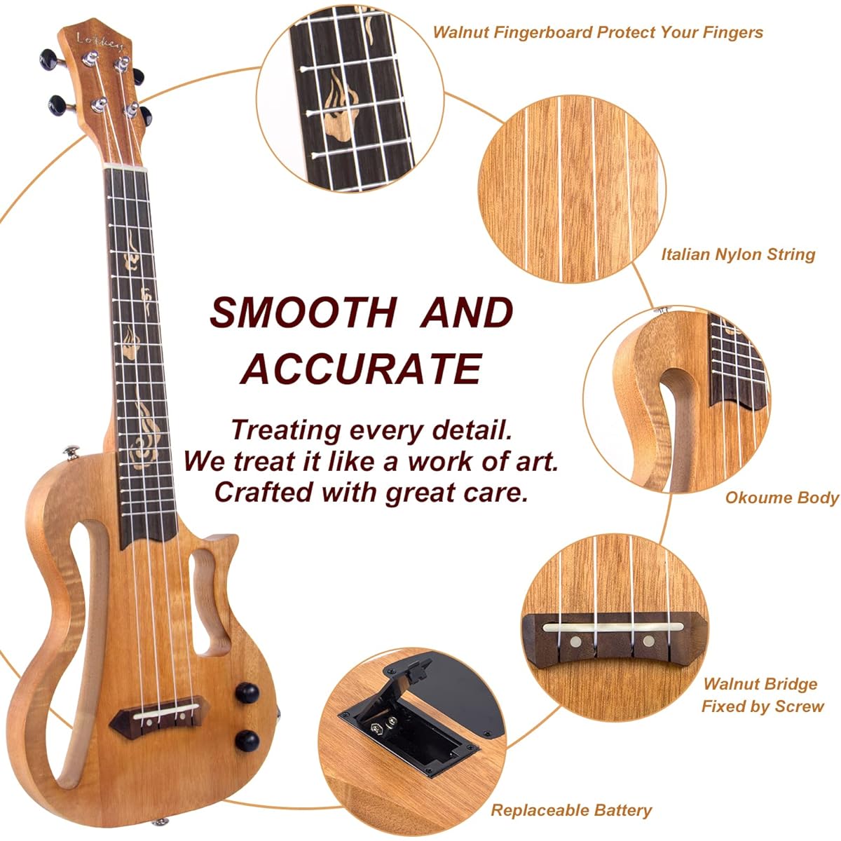 Silent Ukulele Lotkey 23 Inch Body Electric Ukulele for Practice and Performance AMP Output Italian Nylon Strings Tuner Strap & Full Accessories Included