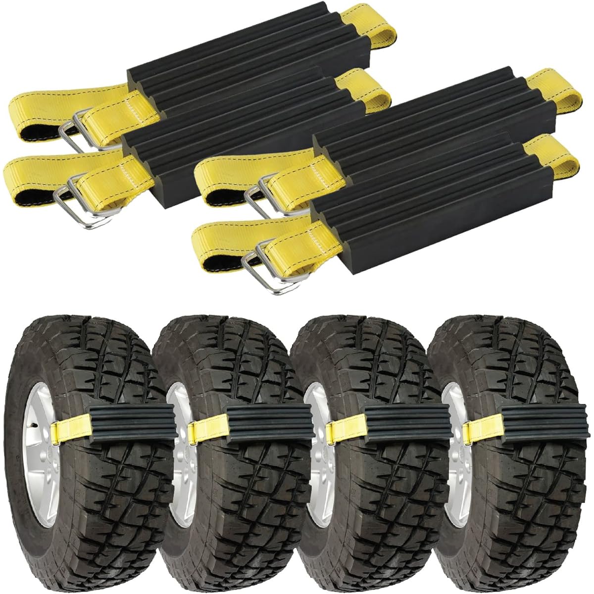Trac-Grabber - The "Get Unstuck" Traction Solution for Trucks/SUV's - Emergency Rescue Device, Prevents Slipping in Snow, Sand & Mud - Chain or Snow Tire Alternative (Set of 4 Blocks & Straps)