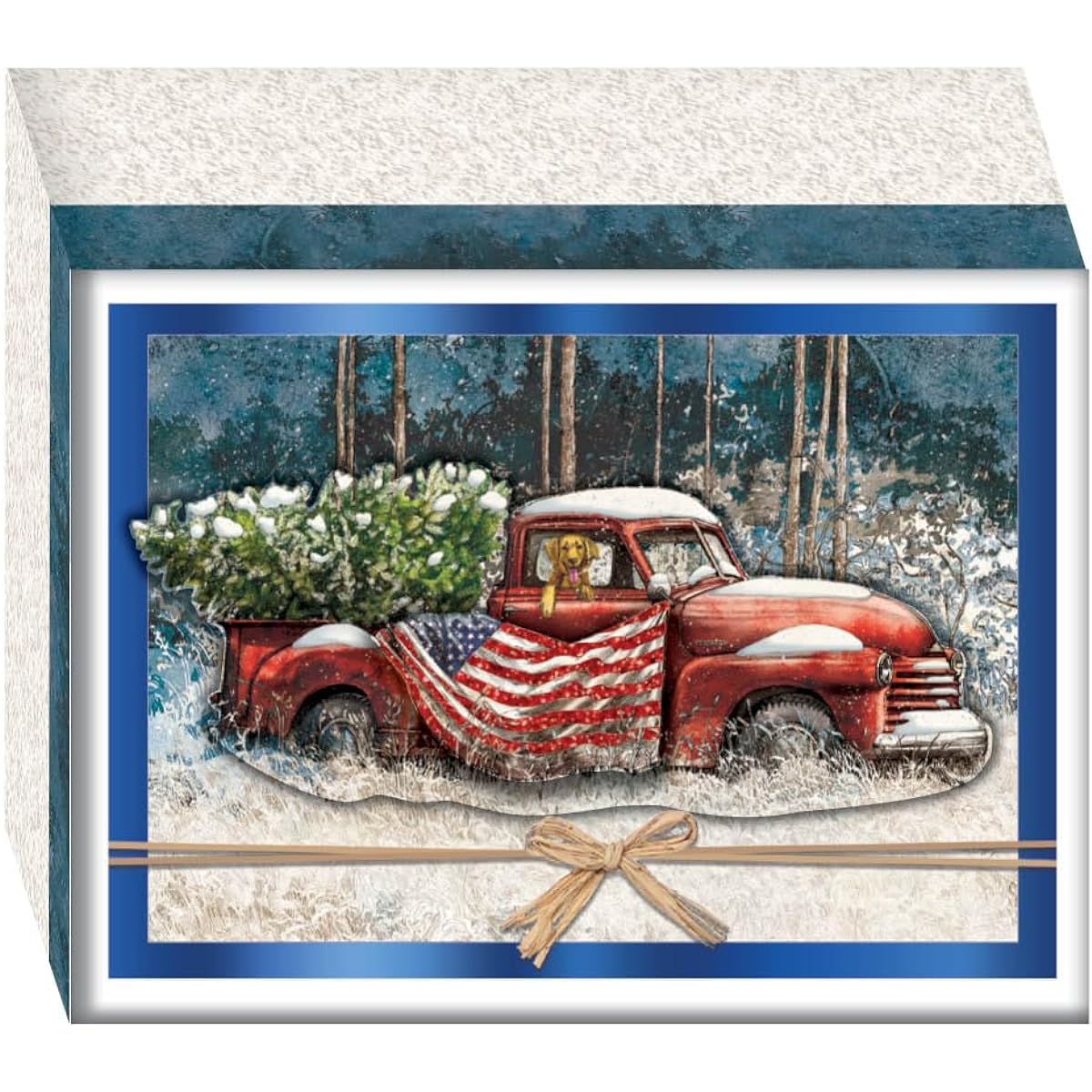 Crown Point Graphics Patriotic Christmas 10 Boxed Christmas Cards - 3D Christmas Cards with Truck, American Flag, and Rattan Ribbon - Rustic Christmas Greeting Cards with Envelopes