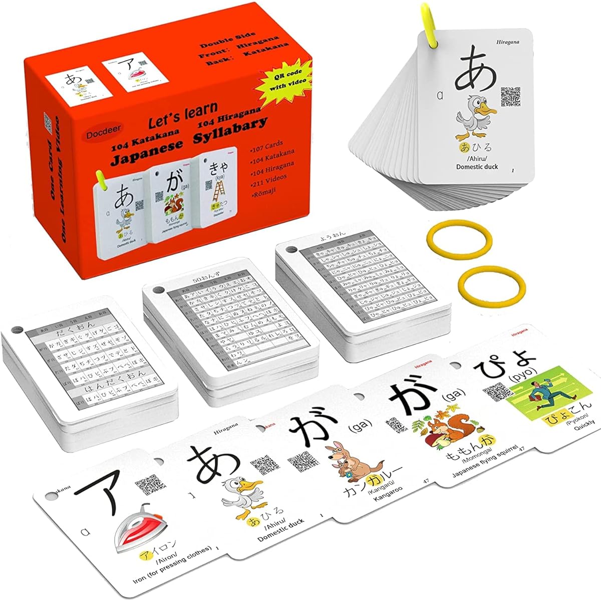 Hiragana and Katakana Alphabet Japanese Flash Cards for Beginners - 104 Katakana & 104 Hiragana Flash Cards with Ring - Easy to remember and learn quickly for kids