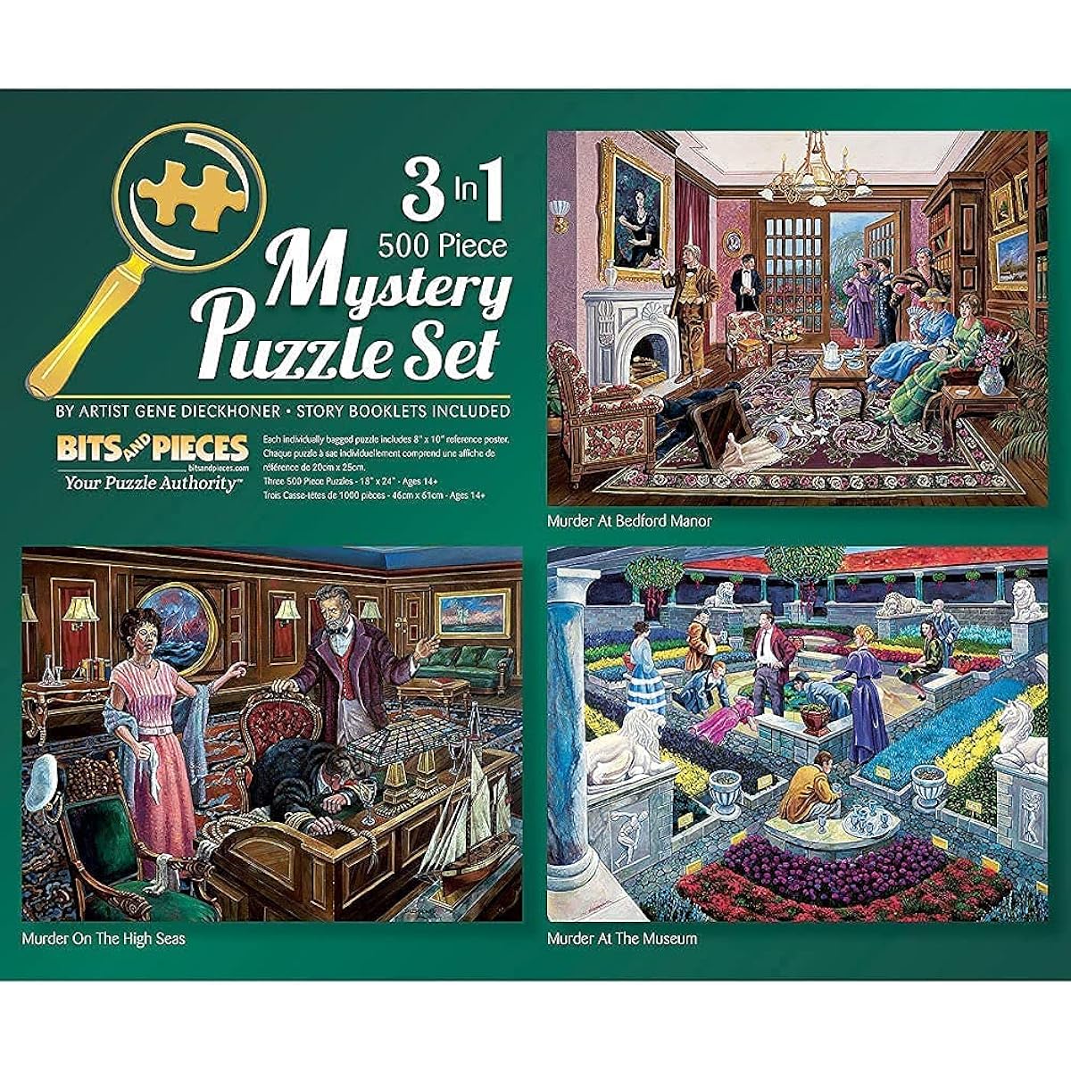Bits and Pieces - Multi-Pack 3 500 Piece Jigsaw Puzzles for Adults - Puzzle Dimensions 18" x 24" - Bedford Manor, The High Seas, Murder at the Museum Artist: Gene Dieckhoner