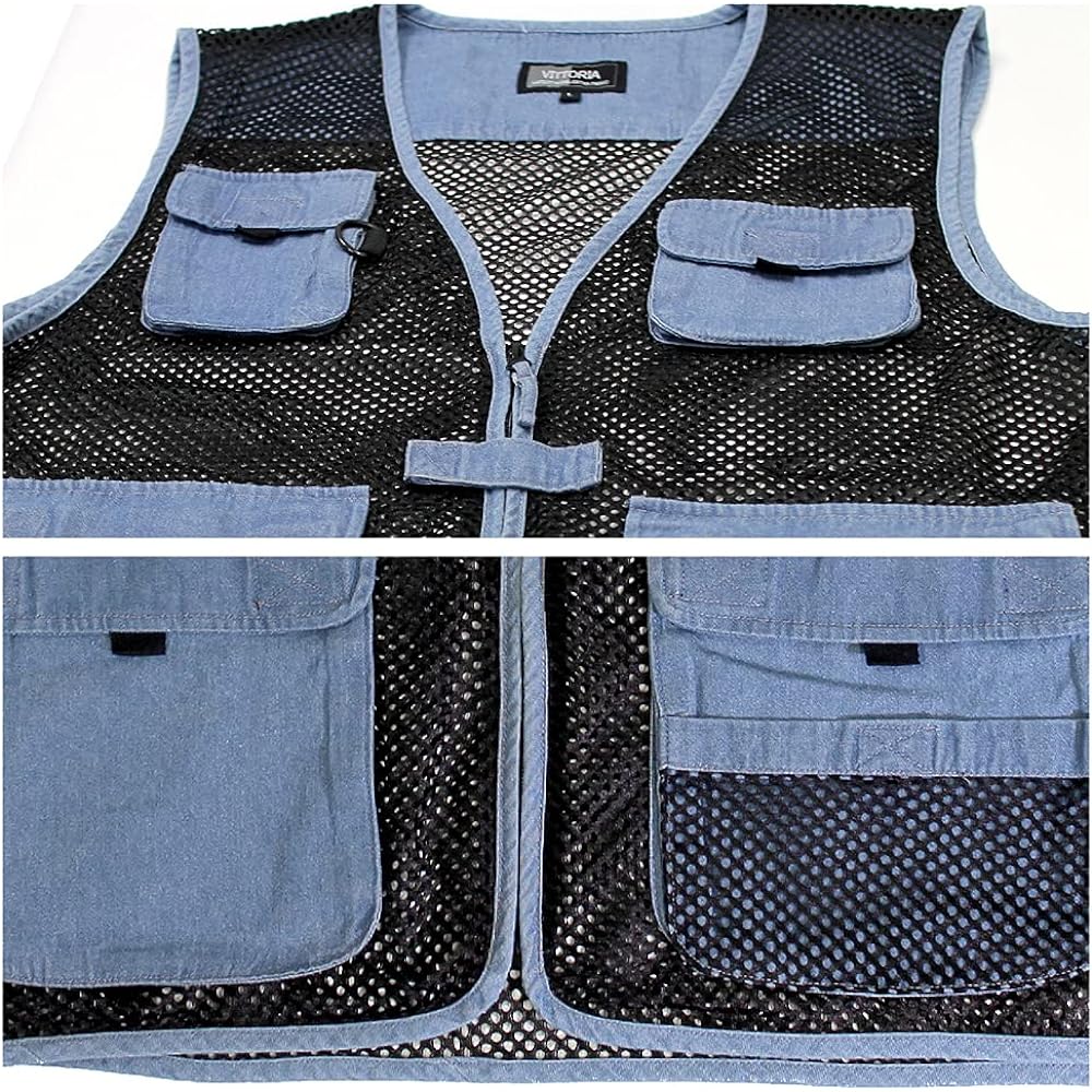 [VITTORIA] Denim mesh vest, lightweight, breathable, heat protection, outdoor, camping, fishing, fishing vest, for photographers, mountain climbing, casual vest
