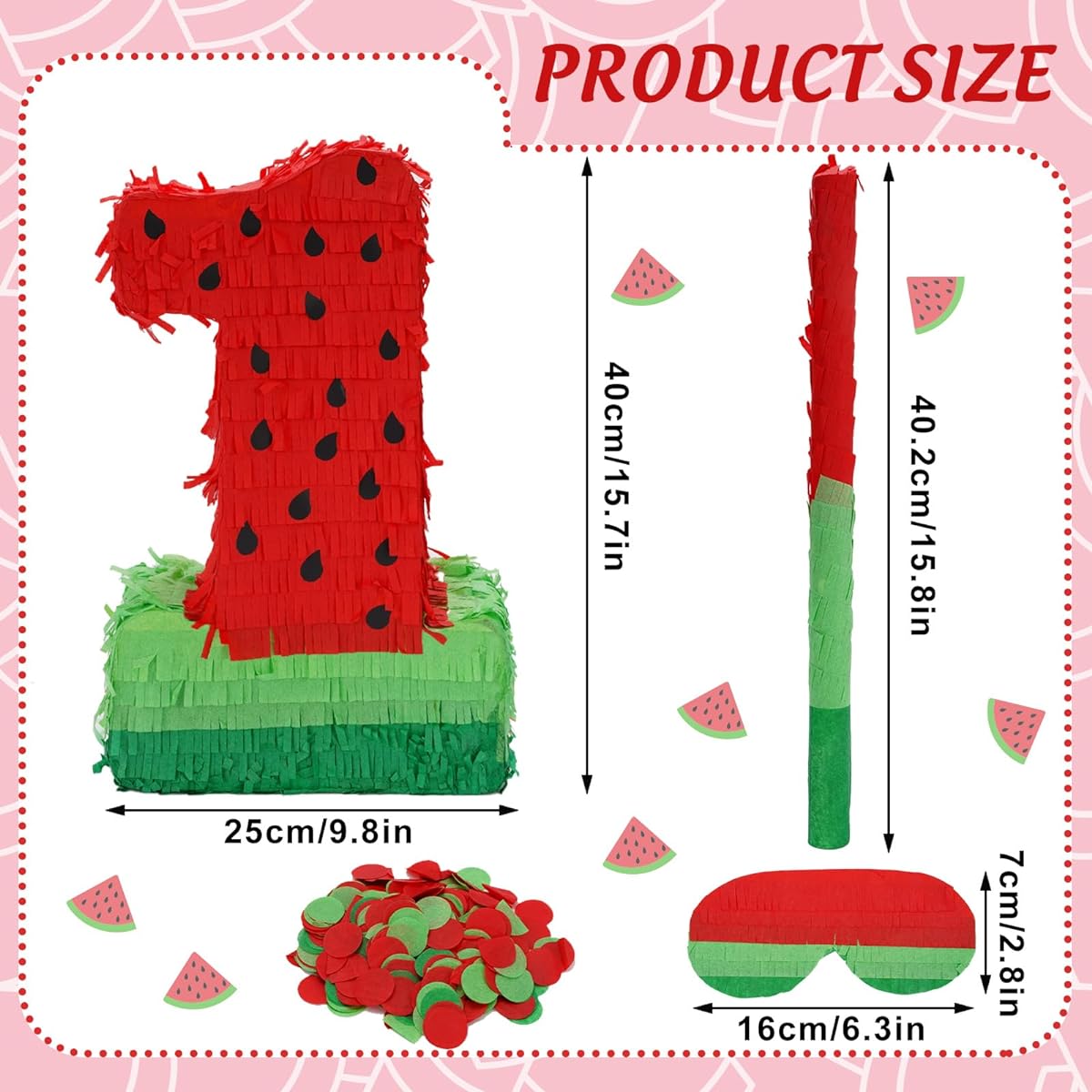 Whaline Number 1 Pinata Set with Stick, Blindfold, Confetti, Watermelon Pinata, Small, Cute Pinata, Summer, Birthday, Anniversary, Celebration, Party, Souvenir, Game Decoration