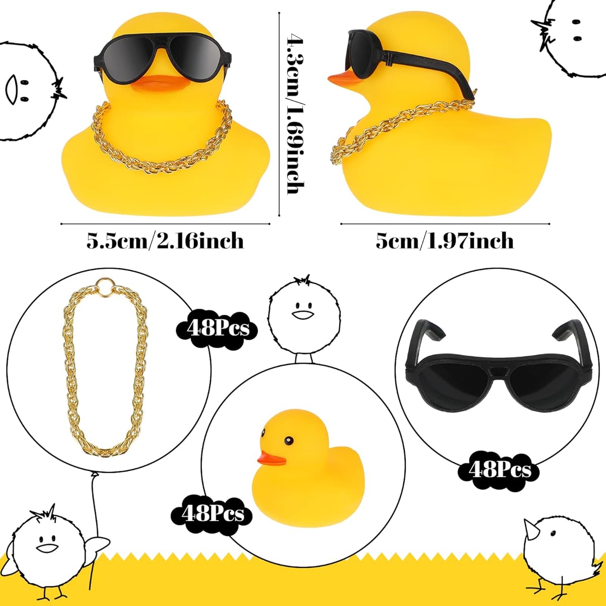 48pcs Bulk Sunglasses Rubber Duck Cool Duck with Sunglasses Gold Chain Rubber Duck Baby Shower Floating Bathtub Toy Birthday Party Favors Carnival Gifts Decorative Gifts with Storage Bag