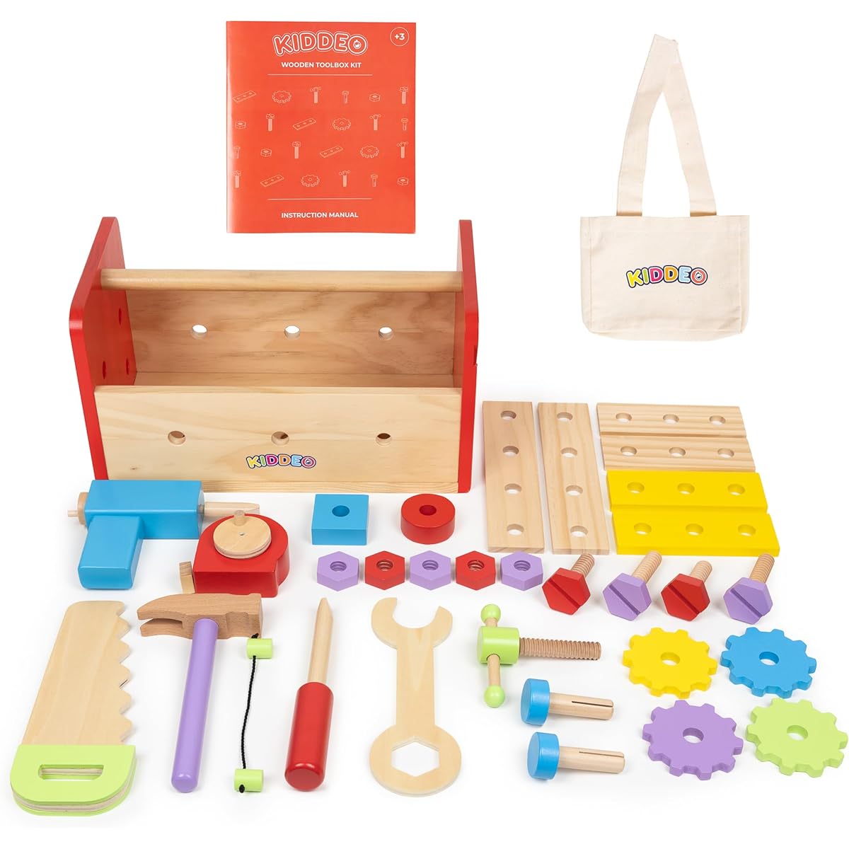 Wooden Toddler Tool Set - Educational Stem Construction Toy Tools for Boys & Girls 3 4 5 6 – Pretend Play Large Tool Box for Kids – Toddler Tool Box Set is a Great Montessori Learning Activity