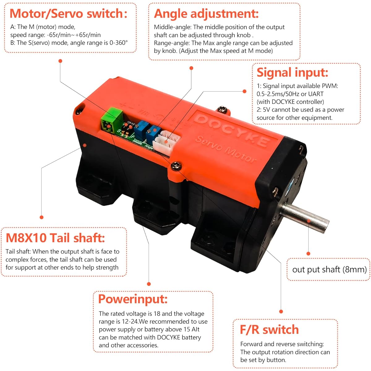 DOCYKE 350kg High Torque RC Servo 2 in 1 Servo and Motor 12V~24V High Pressure Full Metal Gear Digital Servo (360° Control Angle)