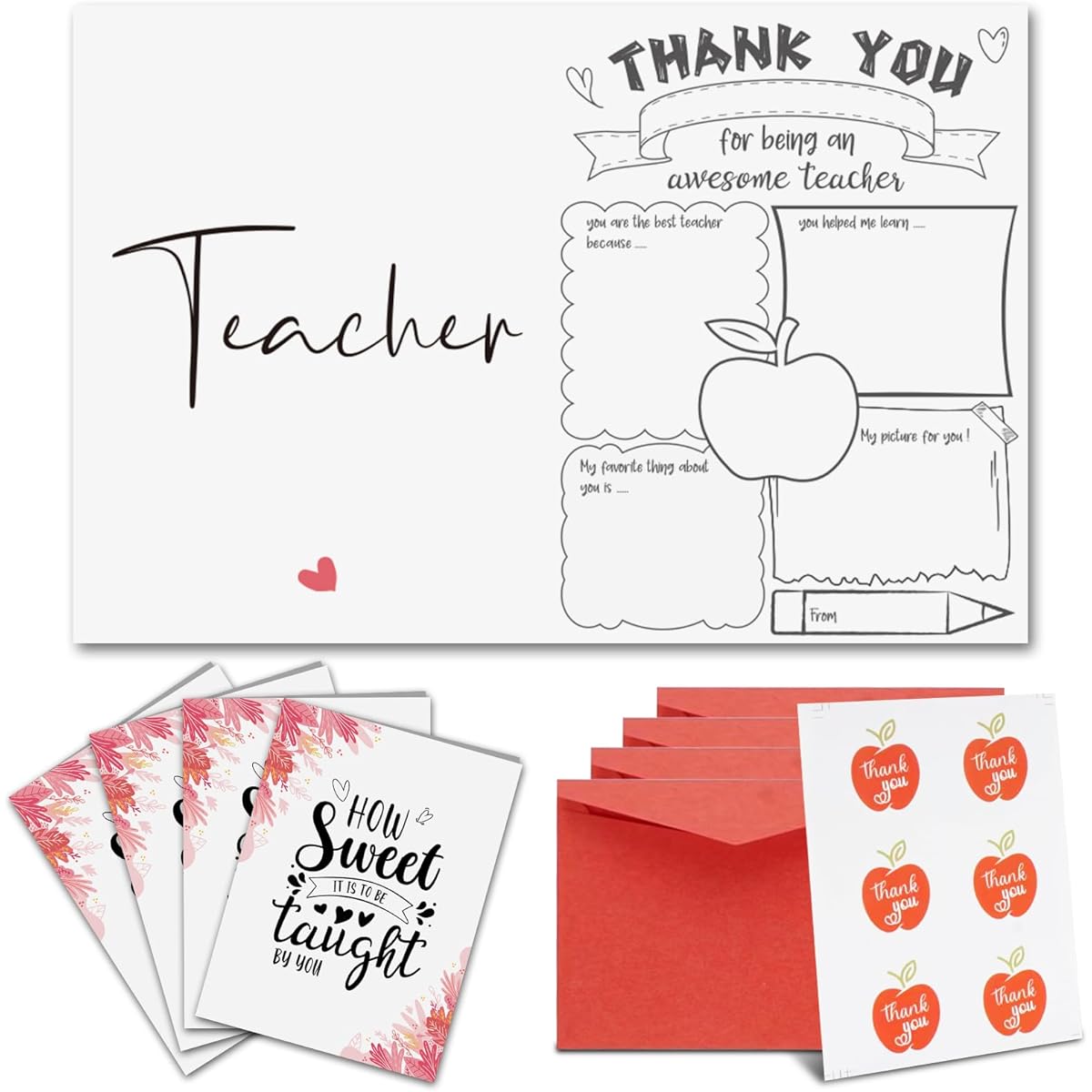 Teacher Appreciation Card - Teacher Appreciation Greeting Card for Teacher Appreciation Day, Valentine's Day - Perfect Teacher Appreciation Gift (Red Envelope, 4 Pieces)