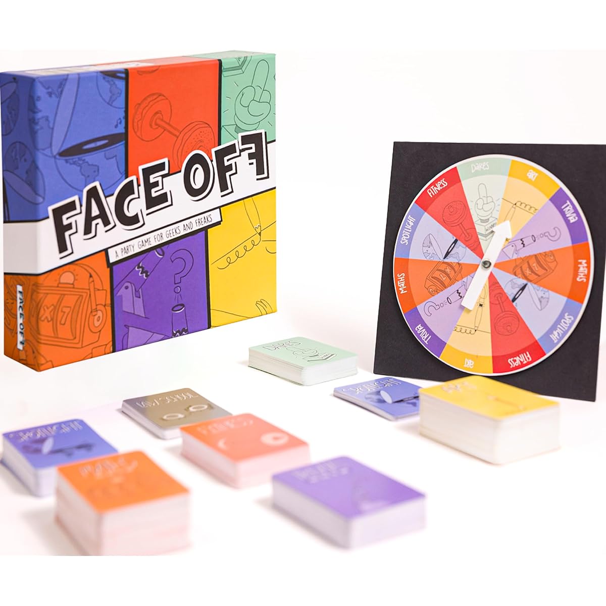 Hey Happy Face Off Party Card Game - 6 Unique Challenges for Geeks and Freaks - Deck of Funny Trivia and Dare Cards - Group Party Game for Adults - Includes Spin Wheel, Clay Blocks, Memo Pad and Pencil