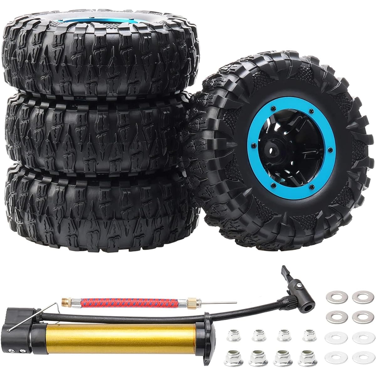 Rchobbytop 4Pcs Inflatable 2.2" RC Tires and Wheels Set Off-Road OD 120mm Tires for 1:10 Scale Monster Truck RC Rock Crawler Axial SCX10 SCX10 II 90046 90047 Traxxas TRX-4 (Blue)