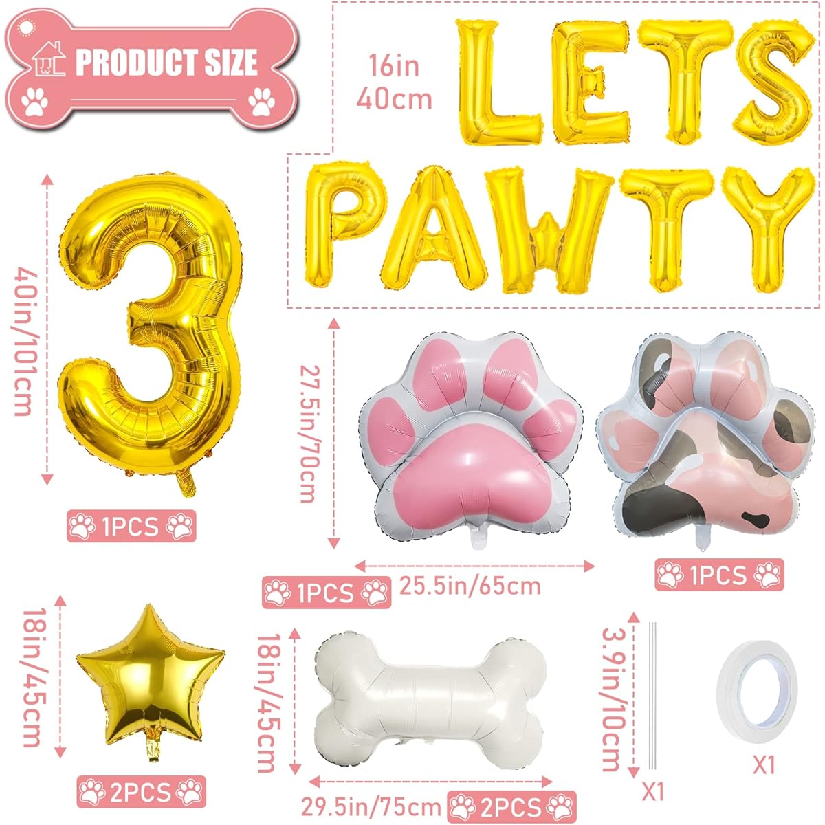 Dog Balloon Porty Balloon Dog Paw Print Birthday Number Mylar Foil Balloon Porty Birthday Decorations Dog 3rd Birthday Party Supplies (3 Years Old)